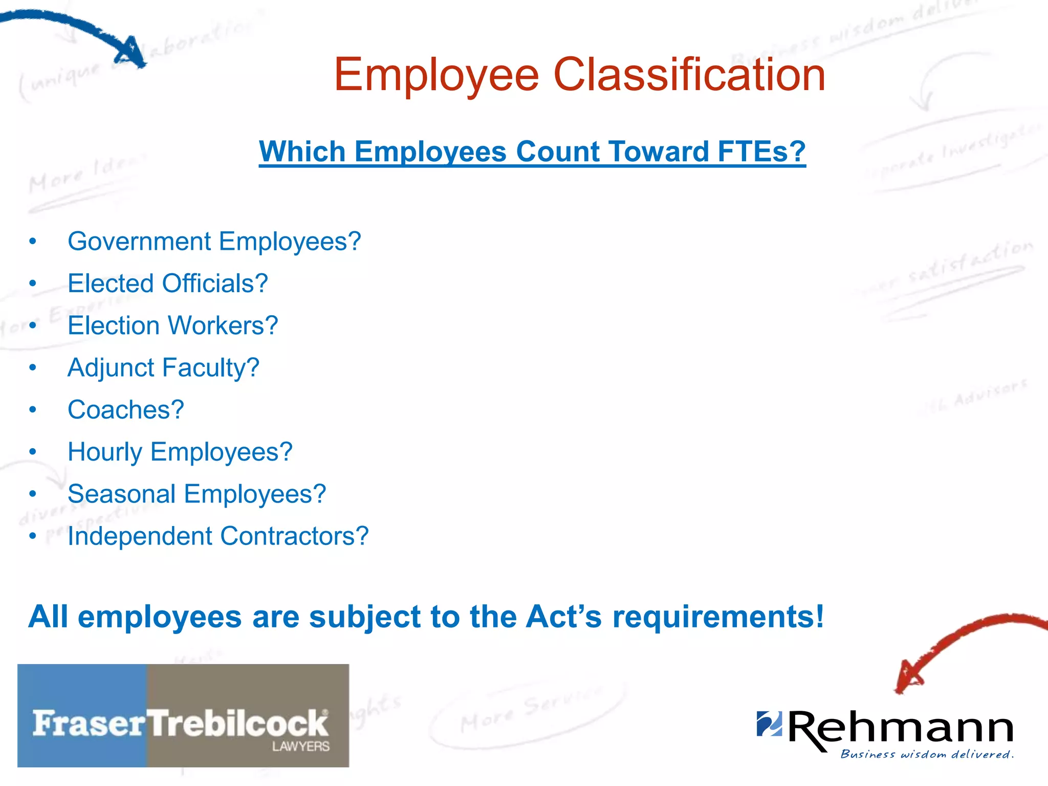 Employee Classification
Which Employees Count Toward FTEs?
•

Government Employees?

•

Elected Officials?

•

Election Workers?

•

Adjunct Faculty?

•

Coaches?

•

Hourly Employees?

•

Seasonal Employees?

•

Independent Contractors?

All employees are subject to the Act’s requirements!

 