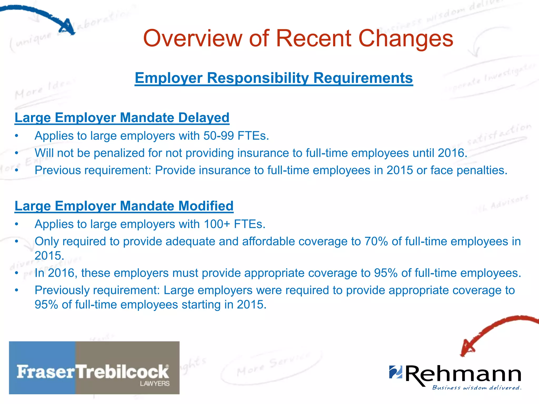 Overview of Recent Changes
Employer Responsibility Requirements
Large Employer Mandate Delayed
•
•
•

Applies to large employers with 50-99 FTEs.
Will not be penalized for not providing insurance to full-time employees until 2016.
Previous requirement: Provide insurance to full-time employees in 2015 or face penalties.

Large Employer Mandate Modified
•
•
•
•

Applies to large employers with 100+ FTEs.
Only required to provide adequate and affordable coverage to 70% of full-time employees in
2015.
In 2016, these employers must provide appropriate coverage to 95% of full-time employees.
Previously requirement: Large employers were required to provide appropriate coverage to
95% of full-time employees starting in 2015.

 