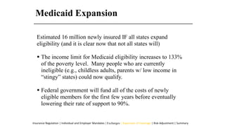 Medicaid Expansion
Estimated 16 million newly insured IF all states expand
eligibility (and it is clear now that not all states will)
 The income limit for Medicaid eligibility increases to 133%
of the poverty level. Many people who are currently
ineligible (e.g., childless adults, parents w/ low income in
“stingy” states) could now qualify.
 Federal government will fund all of the costs of newly
eligible members for the first few years before eventually
lowering their rate of support to 90%.
Insurance Regulation | Individual and Employer Mandates | Exchanges | Expansion of Coverage | Risk Adjustment | Summary
 