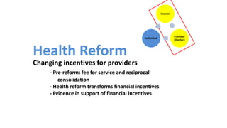 Health Reform
Changing incentives for providers
- Pre-reform: fee for service and reciprocal
consolidation
- Health reform transforms financial incentives
- Evidence in support of financial incentives
Insurer
Provider
(Doctor)
Individual
 
