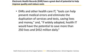 • EHRs and other health care IT, "tools can help
prevent medical errors and eliminate the
duplication of services and tests, saving lives
and money," and, "if widely adopted, health IT
would have the potential to save more than
250 lives and $452 million daily.“
Electronic Health Records (EHR) have a great deal of potential to help
improve quality and reduce costs
Health Infrastructure| Lack of Care Support Systems | EHR | Reforming Infrastructure | Vertical Integration | Summary
 