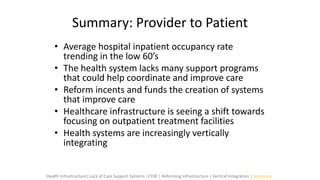 Summary: Provider to Patient
• Average hospital inpatient occupancy rate
trending in the low 60’s
• The health system lacks many support programs
that could help coordinate and improve care
• Reform incents and funds the creation of systems
that improve care
• Healthcare infrastructure is seeing a shift towards
focusing on outpatient treatment facilities
• Health systems are increasingly vertically
integrating
Health Infrastructure| Lack of Care Support Systems | EHR | Reforming Infrastructure | Vertical Integration | Summary
 