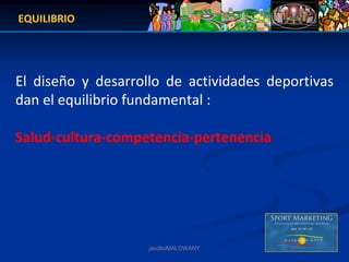 EQUILIBRIO




El  diseño  y  desarrollo  de  actividades  deportivas 
dan el equilibrio fundamental :

Salud‐cultura‐competencia‐pertenencia




                      jacoboMALOWANY
 