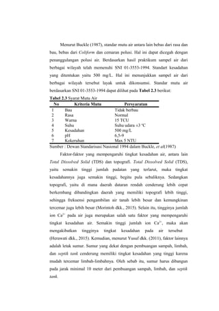 Menurut Buckle (1987), standar mutu air antara lain bebas dari rasa dan
bau, bebas dari Coliform dan cemaran polusi. Hal ini dapat dicegah dengan
penanggulangan polusi air. Berdasarkan hasil praktikum sampel air dari
berbagai wilayah telah memenuhi SNI 01-3553-1994. Standart kesadahan
yang ditentukan yaitu 500 mg/L. Hal ini menunjukkan sampel air dari
berbagai wilayah tersebut layak untuk dikonsumsi. Standar mutu air
berdasarkan SNI 01-3553-1994 dapat dilihat pada Tabel 2.3 berikut:
Tabel 2.3 Syarat Mutu Air
No Kriteria Mutu Persyaratan
1
2
3
4
5
6
7
Bau
Rasa
Warna
Suhu
Kesadahan
pH
Kekeruhan
Tidak berbau
Normal
15 TCU
Suhu udara ±3 o
C
500 mg/L
6,5-9
Max 5 NTU
Sumber : Dewan Standarisasi Nasional 1994 dalam Buckle, et al(1987)
Faktor-faktor yang mempengaruhi tingkat kesadahan air, antara lain
Total Dissolved Solid (TDS) dan topografi. Total Dissolved Solid (TDS),
yaitu semakin tinggi jumlah padatan yang terlarut, maka tingkat
kesadahannya juga semakin tinggi, begitu pula sebaliknya. Sedangkan
topografi, yaitu di mana daerah dataran rendah cenderung lebih cepat
berkembang dibandingkan daerah yang memiliki topografi lebih tinggi,
sehingga frekuensi pengambilan air tanah lebih besar dan kemungkinan
tercemar juga lebih besar (Morintoh dkk., 2015). Selain itu, tingginya jumlah
ion Ca2+
pada air juga merupakan salah satu faktor yang mempengaruhi
tingkat kesadahan air. Semakin tinggi jumlah ion Ca2+
, maka akan
mengakibatkan tingginya tingkat kesadahan pada air tersebut
(Herawati dkk., 2015). Kemudian, menurut Yusuf dkk. (2011), faktor lainnya
adalah letak sumur. Sumur yang dekat dengan pembuangan sampah, limbah,
dan septik tank cenderung memiliki tingkat kesadahan yang tinggi karena
mudah tercemar limbah-limbahnya. Oleh sebab itu, sumur harus dibangun
pada jarak minimal 10 meter dari pembuangan sampah, limbah, dan septik
tank.
 