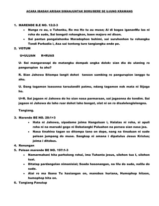 ACARA IBADAH ARISAN SIMANJUNTAK BORU/BERE SE UJUNG KRAWANG

1. MARENDE B.E NO. 12:2-3
Nunga ro au, o Tuhanku, Ro ma Ho tu au muse; Ai di bagas igananMu las ni
roha do sude, Sai bongoti rohangkon, baen majoro mi dison.
Sai pantun pangalahonku Maradophon bohimi, sai suruhonhon tu rohangku
Tondi Parbadia i, Asa sai tontong ture tangiangku ende pe.
2. VOTUM
U=ULUAN

R=RUAS

U- Sai mangaranapi do matangku dompak angka dolok: sian dia do ulaning ro
pangurupion tu ahu?
R. Sian Jahowa Sitompa langit dohot

tanoon sambing ro pangurupion ianggo tu

ahu.
U. Dang tagamon loasonna tarsulandit patmu, ndang tagamon nok mata ni Sijaga
ho.
U+R. Sai jagaon ni Jahowa do ho sian nasa parmaraan, sai jagaonna do tondim. Sai
jagaon ni Jahowa do laho ruar dohot laho bongot, olat ni on ro disalelenglelengna.
Tangiang.
3. Marende BE NO. 28:1+3
Hata ni Jahowa, sipadame jolma Hangoluan i, Halalas ni roha, si apuli
roha ni na marsaki gogo ni Debatangki Paluahon na porsea sian nasa jea.
Nasa tinahina tagan so ditompa tano on dope, nang na tinuduan ni sude
pelean jumpang do muse. Sangkap ni amana i dipatulus Jesus Kristus;
jolma i ditobus.
4. Renungan
5. Pelean marende BE NO. 197:1-3
Namarmahani hita parholong rohai, ima Tuhanta jesus, silehon tua I, silehon
tuai.
Ditatap pardangolan nimanisiai; Soada hasonangan, na lilu do sude, nalilu do
sude.
Alai ro ma Ibana Tu hasiangan on, manobus huriana, Humophop hitaon,
humophop hita on.
6. Tangiang Panutup

 