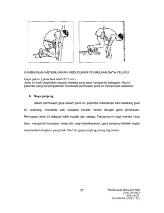 GAMBARAJAH MENUNJUKKAN KEDUDUKAN PERMULAAN GAYA PELURU
Gaya peluru ( jarak blok ialah 27.5 cm )
Jenis ini tidak digalakkan kepada mereka yang baru mengambil bahagian. Hanya
pelumba yang berpengalaman mendapati permulaan jenis ini mempunyai kelebihan
b. Gaya panjang
Dalam permulaan gaya dekam jenis ini, pelumba meletakkan kaki belakang jauh
ke belakang, manakala kaki hadapan berada hampir dengan garis permulaan.
Permulaan jenis ini didapati lebih mudah dan selesa. Terutamanya bagi mereka yang
baru mengambil bahagian, tetapi dari segi keberkesanan, gaya panjang tidaklah begitu
memberikan lonjakan yang baik. Oleh itu gaya panjang jarang digunakan.
Noorfarrawati Binti Mohd Halil
D20032016972
BUKU LOG
OLAHRAGA ( KSS 1122 )
27
 