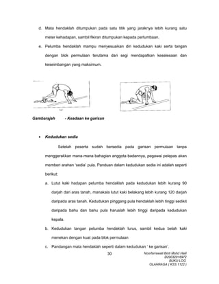 d. Mata hendaklah ditumpukan pada satu titik yang jaraknya lebih kurang satu
meter kehadapan, sambil fikiran ditumpukan kepada perlumbaan.
e. Pelumba hendaklah mampu menyesuaikan diri kedudukan kaki serta tangan
dengan blok permulaan terutama dari segi mendapatkan keselesaan dan
keseimbangan yang maksimum.
Gambarajah - Keadaan ke garisan
• Kedudukan sedia
Setelah peserta sudah bersedia pada garisan permulaan tanpa
menggerakkan mana-mana bahagian anggota badannya, pegawai pelepas akan
memberi arahan ‘sedia’ pula. Panduan dalam kedudukan sedia ini adalah seperti
berikut:
a. Lutut kaki hadapan pelumba hendaklah pada kedudukan lebih kurang 90
darjah dari aras tanah, manakala lutut kaki belakang lebih kurang 120 darjah
daripada aras tanah. Kedudukan pinggang pula hendaklah lebih tinggi sedikit
daripada bahu dan bahu pula haruslah lebih tinggi daripada kedudukan
kepala.
b. Kedudukan tangan pelumba hendaklah lurus, sambil kedua belah kaki
menekan dengan kuat pada blok permulaan
c. Pandangan mata hendaklah seperti dalam kedudukan ‘ ke garisan’.
Noorfarrawati Binti Mohd Halil
D20032016972
BUKU LOG
OLAHRAGA ( KSS 1122 )
30
 