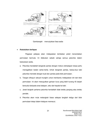 Gambarajah menunjukkan fasa sedia
• Kedudukan berlepas
Pegawai pelepas akan melepaskan tembakan pistol menandakan
permulaan bermula. Ini dilakukan sebaik sahaja semua pelumba dalam
kedudukan sedia.
a. Pelumba hendaklah bergerak pantas dengan meluru kehadapan tanpa perlu
menegakkan badan serta-merta. Untuk bergerak pantas, kedua-dua kaki
pelumba menolak dengan kuat dan pantas pada blok permulaan.
b. Tangan dihayun sekuat mungkin untuk membantu melepaskan diri dari blok
permulaan. Ini akan mewujudkan garisan lurus yang lebih kurang 45 darjah
bersudut daripada aras balapan, iaitu dari kepala ke kaki.
c. Jarak langkah pertama pelumba hendaklah tidak terlalu panjang atau terlalu
pendek.
d. Pelumba akan mula melangkah biasa selepas langkah ketiga dari blok
permulaan tetapi dalam kelajuan memecut.
Noorfarrawati Binti Mohd Halil
D20032016972
BUKU LOG
OLAHRAGA ( KSS 1122 )
31
 