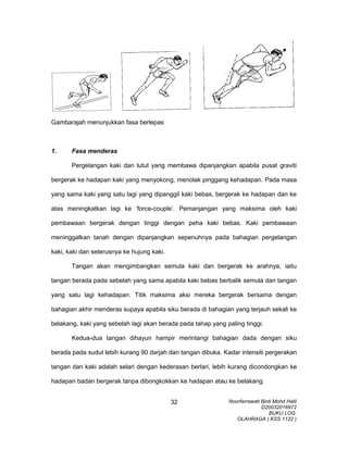 Gambarajah menunjukkan fasa berlepas
1. Fasa menderas
Pergelangan kaki dan lutut yang membawa dipanjangkan apabila pusat graviti
bergerak ke hadapan kaki yang menyokong, menolak pinggang kehadapan. Pada masa
yang sama kaki yang satu lagi yang dipanggil kaki bebas, bergerak ke hadapan dan ke
atas meningkatkan lagi ke ‘force-couple’. Pemanjangan yang maksima oleh kaki
pembawaan bergerak dengan tinggi dengan peha kaki bebas. Kaki pembawaan
meninggalkan tanah dengan dipanjangkan sepenuhnya pada bahagian pergelangan
kaki, kaki dan seterusnya ke hujung kaki.
Tangan akan mengimbangkan semula kaki dan bergerak ke arahnya, iaitu
tangan berada pada sebelah yang sama apabila kaki bebas berbalik semula dan tangan
yang satu lagi kehadapan. Titik maksima aksi mereka bergerak bersama dengan
bahagian akhir menderas supaya apabila siku berada di bahagian yang terjauh sekali ke
belakang, kaki yang sebelah lagi akan berada pada tahap yang paling tinggi.
Kedua-dua tangan dihayun hampir merintangi bahagian dada dengan siku
berada pada sudut lebih kurang 90 darjah dan tangan dibuka. Kadar intensiti pergerakan
tangan dan kaki adalah selari dengan kederasan berlari, lebih kurang dicondongkan ke
hadapan badan bergerak tanpa dibongkokkan ke hadapan atau ke belakang.
Noorfarrawati Binti Mohd Halil
D20032016972
BUKU LOG
OLAHRAGA ( KSS 1122 )
32
 
