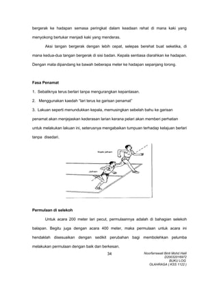 bergerak ke hadapan semasa peringkat dalam keadaan rehat di mana kaki yang
menyokong bertukar menjadi kaki yang menderas.
Aksi tangan bergerak dengan lebih cepat, selepas berehat buat seketika, di
mana kedua-dua tangan bergerak di sisi badan. Kepala sentiasa diarahkan ke hadapan.
Dengan mata dipandang ke bawah beberapa meter ke hadapan sepanjang lorong.
Fasa Penamat
1. Sebaliknya terus berlari tanpa mengurangkan kepantasan.
2. Menggunakan kaedah “lari terus ke garisan penamat”
3. Lakuan seperti menundukkan kepala, memusingkan sebelah bahu ke garisan
penamat akan menjejaskan kederasan larian kerana pelari akan memberi perhatian
untuk melakukan lakuan ini, seterusnya mengabaikan tumpuan terhadap kelajuan berlari
tanpa disedari.
Permulaan di selekoh
Untuk acara 200 meter lari pecut, permulaannya adalah di bahagian selekoh
balapan. Begitu juga dengan acara 400 meter, maka permulaan untuk acara ini
hendaklah disesuaikan dengan sedikit perubahan bagi membolehkan pelumba
melakukan permulaan dengan baik dan berkesan.
Noorfarrawati Binti Mohd Halil
D20032016972
BUKU LOG
OLAHRAGA ( KSS 1122 )
34
 