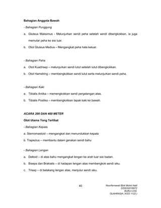 Bahagian Anggota Bawah
- Bahagian Punggung
a. Gluteus Maksimus - Melunjurkan sendi peha setelah sendi dibengkokkan, ia juga
memutar peha ke sisi luar.
b. Otot Gluteus Medius – Mengangkat peha hala keluar.
- Bahagian Paha
a. Otot Kuadrisep – melunjurkan sendi lutut setelah lutut dibengkokkan.
b. Otot Hamstring – membengkokkan sendi lutut serta melunjurkan sendi peha.
- Bahagian Kaki
a. Tibialis Antika – memengkokkan sendi pergelangan atas.
b. Tibialis Postika – membengkokkan tapak kaki ke bawah.
ACARA 200 DAN 400 METER
Otot Utama Yang Terlibat
- Bahagian Kepala
a. Sternomastoid – mengangkat dan menundukkan kepala
b. Trapezius – membantu dalam gerakan sendi bahu
- Bahagian Lengan
a. Deltoid – di atas bahu mengangkat lengan ke arah luar sisi badan.
b. Biseps dan Brakialis – di hadapan lengan atas membengkok sendi siku.
c. Trisep – di belakang lengan atas, menjulur sendi siku.
Noorfarrawati Binti Mohd Halil
D20032016972
BUKU LOG
OLAHRAGA ( KSS 1122 )
40
 