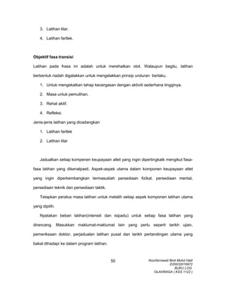 3. Latihan litar.
4. Latihan fartlek.
Objektif fasa transisi
Latihan pada frasa ini adalah untuk merehatkan otot. Walaupun begitu, latihan
berbentuk riadah digalakkan untuk mengelakkan prinsip unduran berlaku.
1. Untuk mengekalkan tahap kecergasan dengan aktiviti sederhana tingginya.
2. Masa untuk pemulihan.
3. Rehat aktif.
4. Refleksi.
Jenis-jenis latihan yang dicadangkan
1. Latihan fartlek
2. Latihan litar
Jadualkan setiap kompenen keupayaan atlet yang ingin dipertingkatk mengikut fasa-
fasa latihan yang dikenalpasti. Aspek-aspek utama dalam komponen keupayaan atlet
yang ingin diperkembangkan termasuklah persediaan fizikal, persediaan mental,
persediaan teknik dan persediaan taktik.
Tetapkan peratus masa latihan untuk melatih setiap aspek komponen latihan utama
yang dipilih.
Nyatakan beban latihan(intensiti dan isipadu) untuk setiap fasa latihan yang
dirancang. Masukkan maklumat-maklumat lain yang perlu seperti tarikh ujian,
pemeriksaan doktor, perjadualan latihan pusat dan tarikh pertandingan utama yang
bakal dihadapi ke dalam program latihan.
Noorfarrawati Binti Mohd Halil
D20032016972
BUKU LOG
OLAHRAGA ( KSS 1122 )
50
 