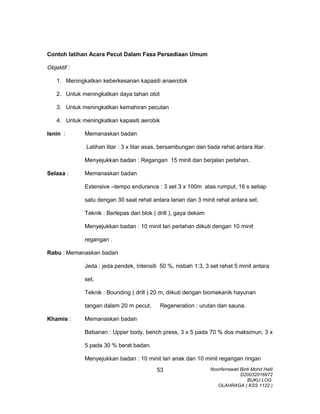 Contoh latihan Acara Pecut Dalam Fasa Persediaan Umum
Objektif :
1. Meningkatkan keberkesanan kapasiti anaerobik
2. Untuk meningkatkan daya tahan otot
3. Untuk meningkatkan kemahiran pecutan
4. Untuk meningkatkan kapasiti aerobik
Isnin : Memanaskan badan
Latihan litar : 3 x litar asas, bersambungan dan tiada rehat antara litar.
Menyejukkan badan : Regangan 15 minit dan berjalan perlahan.
Selasa : Memanaskan badan
Extensive –tempo endurance : 3 set 3 x 100m atas rumput, 16 s setiap
satu dengan 30 saat rehat antara larian dan 3 minit rehat antara set.
Teknik : Berlepas dari blok ( drill ), gaya dekam
Menyejukkan badan : 10 minit lari perlahan diikuti dengan 10 minit
regangan .
Rabu : Memanaskan badan
Jeda : jeda pendek, Intensiti 50 %, nisbah 1:3, 3 set rehat 5 minit antara
set.
Teknik : Bounding ( drill ) 20 m, diikuti dengan biomekanik hayunan
tangan dalam 20 m pecut. Regeneration : urutan dan sauna.
Khamis : Memanaskan badan
Bebanan : Upper body, bench press, 3 x 5 pada 70 % dos maksimun, 3 x
5 pada 30 % berat badan.
Menyejukkan badan : 10 minit lari anak dan 10 minit regangan ringan
Noorfarrawati Binti Mohd Halil
D20032016972
BUKU LOG
OLAHRAGA ( KSS 1122 )
53
 