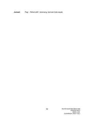 Jumaat : Pagi - Rehat aktif , berenang, bermain bola sepak.
Noorfarrawati Binti Mohd Halil
D20032016972
BUKU LOG
OLAHRAGA ( KSS 1122 )
54
 