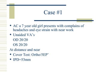 Case #1

 AC a 7 year old girl presents with complains of
  headaches and eye strain with near work
 Unaided VA’s
  OD 20/20
  OS 20/20
At distance and near
 Cover Test: Ortho/5EP’
 IPD=53mm
 