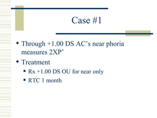 Case #1

 Through +1.00 DS AC’s near phoria
  measures 2XP’
 Treatment
     Rx +1.00 DS OU for near only
     RTC 1 mo...