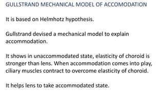 GULLSTRAND MECHANICAL MODEL OF ACCOMODATION
It is based on Helmhotz hypothesis.
Gullstrand devised a mechanical model to explain
accommodation.
It shows in unaccommodated state, elasticity of choroid is
stronger than lens. When accommodation comes into play,
ciliary muscles contract to overcome elasticity of choroid.
It helps lens to take accommodated state.
 