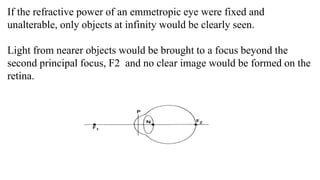 If the refractive power of an emmetropic eye were fixed and
unalterable, only objects at infinity would be clearly seen.
Light from nearer objects would be brought to a focus beyond the
second principal focus, F2 and no clear image would be formed on the
retina.
 