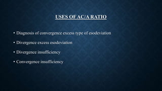 USES OF AC/A RATIO
• Diagnosis of convergence excess type of esodeviation
• Divergence excess esodeviation
• Divergence insufficiency
• Convergence insufficiency
 