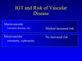IGT and Risk of Vascular Disease Macrovascular coronary disease, etc. Microvascular retinopathy, nephropathy Marked increased risk No increased risk 