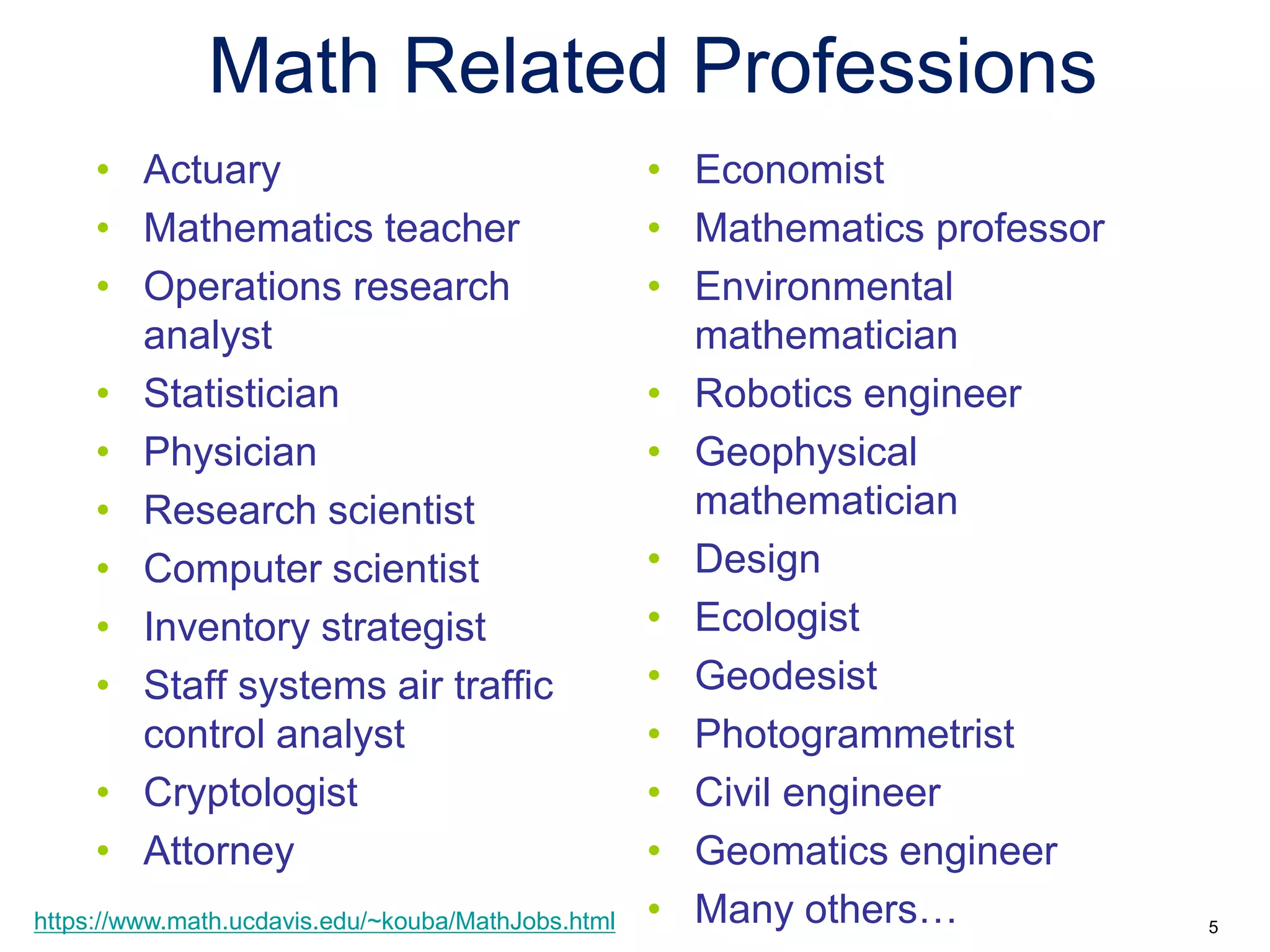 • Actuary
• Mathematics teacher
• Operations research
analyst
• Statistician
• Physician
• Research scientist
• Computer scientist
• Inventory strategist
• Staff systems air traffic
control analyst
• Cryptologist
• Attorney
• Economist
• Mathematics professor
• Environmental
mathematician
• Robotics engineer
• Geophysical
mathematician
• Design
• Ecologist
• Geodesist
• Photogrammetrist
• Civil engineer
• Geomatics engineer
• Many others…
Math Related Professions
https://www.math.ucdavis.edu/~kouba/MathJobs.html 5
 