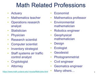 • Actuary
• Mathematics teacher
• Operations research
analyst
• Statistician
• Physician
• Research scientist
• Computer scientist
• Inventory strategist
• Staff systems air traffic
control analyst
• Cryptologist
• Attorney
• Economist
• Mathematics professor
• Environmental
mathematician
• Robotics engineer
• Geophysical
mathematician
• Design
• Ecologist
• Geodesist
• Photogrammetrist
• Civil engineer
• Geomatics engineer
• Many others…
Math Related Professions
https://www.math.ucdavis.edu/~kouba/MathJobs.html 5
 