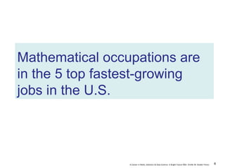 A Career in Math, Statistics & Data Science: A Bright Future ©Dr. Orville M. Disdier Flores
Mathematical occupations are
in the 5 top fastest-growing
jobs in the U.S.
6
 