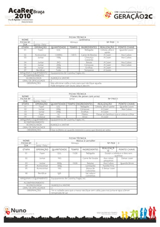 FICHA TÉCNICA
  NOME                                                    Jardineira
FICHA Nº    2                                      Almoço                                  Nº PAX      8
   DIA      Quinta - Feira
 ETAPA       OPERAÇÃO         QUANTIDADE          TEMPO        INGREDIENTES         REALIZAÇÃO          PONTO CHAVE
   01           Fazer            0,5L                             Refogado          Cebola, alho e       Quando Louro
                                                                                       azeite
   02        Acrescentar          1,500KG          1:00 h   Carne de Bovino           A Cozer               Aos Cubos
   03          Juntar               100g                        Chouriça              A Cozer               Aos Cubos
                                                                Corrente
  04           Juntar               2KG                            Batata               A Cozer             Aos Cubos
  05           Juntar              200g                         Cenouras                A Cozer             Aos Cubos
  06           Juntar              200g                           Ervilhas              A Cozer
  07          Rectificar           Tudo                        Temperos                 A Gosto
MÁQUINAS E EQUIPAMENTO        Equipamento de Cozinha, Fogão, etc.
  ACOMPANHAMENTO
    ACONCELHADA               ALMOÇO e JANTAR
 GRAU DE DIFICULDADE          2
     OBSERVAÇÕES              Não adicionar calda a mais, para que não fique aguada.
                              Pode temperar com louro, salsa e alecrim


                                                  FICHA TÉCNICA
  NOME                                             Filetes de peixe com arroz
FICHA Nº 3                                        Jantar                                     Nº PAX 8
   DIA     Quinta - Feira
 ETAPA       OPERAÇÃO         QUANTIDADE TEMPO INGREDIENTES                      REALIZAÇÃO            PONTO CHAVE
   01             Fazer             0,5L                   Refogado            Cebola, alho e azeite     Quando Louro
   02            Juntar            200g                    Cenouras                  A Cozer               Aos Cubos
   03            Juntar            200g                     Ervilhas                 A Cozer
   04             Fazer              16                      Filetes            Passar em farinha e ovo e colocar a fritar
   05           Colocar             1KG                       Arroz                  A cozer
MÁQUINAS E EQUIPAMENTO        Equipamento de Cozinha, Fogão, etc.
   ACOMPANHAMENTO
     ACONCELHADA              ALMOÇO e JANTAR
  GRAU DE DIFICULDADE         2
      OBSERVAÇÕES             Fritar os filetes só quando meterem o arroz que deverá ser solto.


                                                  FICHA TÉCNICA
   NOME                                                 Massa á Lavrador
 FICHA Nº     4                                     Almoço                                  Nº PAX      8
    DIA       Sexta - Feira
                                                                                       REALIZAÇÃ
  ETAPA       OPERAÇÃO         QUANTIDADE           TEMPO       INGREDIENTES                             PONTO CHAVE
                                                                                             O
    01            Fazer              0,5L            15:00          Refogado              Estalar a cebola e o óleo sem
                                                                                                     queimar
    02            Juntar             1KG                        Carne de Estufar         Aos cubos          Deixar cozer
                                                                                         pequenos
    03           Juntar              800g            10:00         Batatas               Aos Cubos         Quando ferver
    04         Acrescentar           300g                       Lombardo                Partido Fino
    05         Acrescentar           1KG                          Massa de             E deixar cozer
                                                                Cotovelos
    06          Rectificar          Q.B.                        Sal, salsa e
                                                                cominhos
MÁQUINAS E EQUIPAMENTO        Equipamento de Cozinha, Fogão, etc.

   ACOMPANHAMENTO
     ACONCELHADA              ALMOÇO e JANTAR
  GRAU DE DIFICULDADE         2
     OBSERVAÇÕES              Ter o cuidado para que a massa não fique sem calda, para isso junta-se água a ferver
                              temperada de sal
 