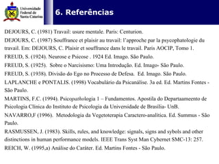   6. Referências   DEJOURS, C. (1981) Travail: usure mentale. Paris: Centurion. DEJOURS, C. (1987) Souffrance et plaisir au travail: l’approche par la psycophatologie du travail. Em: DEJOURS, C. Plaisir et souffrance dans le travail.  Paris AOCIP, Tomo 1. FREUD, S . (1924). Neurose e Psicose . 1924 Ed. Imago. São Paulo. FREUD, S. (1925).  Sobre o Narcisismo: Uma Introdução. Ed. Imago- São Paulo. FREUD, S. (1938). Divisão do Ego no Processo de Defesa.  Ed. Imago. São Paulo. LAPLANCHE e PONTALIS. (1998) Vocabulário da Psicanálise. 3a ed. Ed. Martins Fontes - São Paulo. MARTINS, F.C. (1994). Psico patho logia 1 – Fundamentos. Apostila do Departaameento de Psicologia Clínica do Instituto de Psicologia da Universidade de Brasília- UnB. NAVARRO,F (1996).  Metodologia da Vegetoterapia Caractero-analítica. Ed. Summus - São Paulo. RASMUSSEN, J. (1983). Skills, rules, and knowledge: signals, signs and sybols and other distinctions in human performance models. IEEE Trans Syst Man Cybernet SMC-13: 257. REICH, W. (1995,a) Análise do Caráter. Ed. Martins Fontes - São Paulo. 
