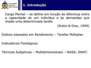   1. Introdução    Carga Mental – se define em função da diferença entre a capacidade de um indivíduo e as demandas que impõe uma determinada tarefa  (Rubio & Diaz, 1999) Índices baseados em Rendimento – Tarefas Múltiplas Indicadores Fisiológicos  Técnicas Subjetivas – Multidimensionais – NASA; SWAT. 