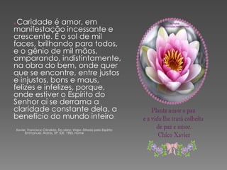 Caridade é amor, em
manifestação incessante e
crescente. É o sol de mil
faces, brilhando para todos,
e o gênio de mil mãos,
amparando, indistintamente,
na obra do bem, onde quer
que se encontre, entre justos
e injustos, bons e maus,
felizes e infelizes, porque,
onde estiver o Espírito do
Senhor aí se derrama a
claridade constante dela, a
benefício do mundo inteiro.
    Xavier, Francisco Cândido. Da obra: Viajor. Ditado pelo Espírito
         Emmanuel. Araras, SP: IDE. 1985. Home
 