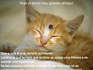 Hoje te envio meu grande abraço! Que a vida te seja sempre sorridente! Lembra-te que sempre que sorrires se apaga uma tristeza e se acende uma esperança! Muitas pessoas entrarão e sairão de tua vida, mas só as verdadeiramente amigas deixarão marcas em teu coração! 