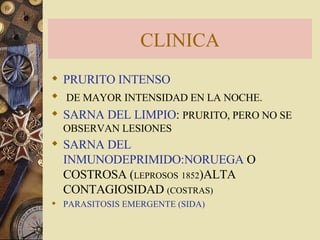 CLINICA PRURITO INTENSO DE MAYOR INTENSIDAD EN LA NOCHE. SARNA DEL LIMPIO :  PRURITO, PERO NO SE OBSERVAN LESIONES SARNA DEL INMUNODEPRIMIDO:NORUEGA  O COSTROSA ( LEPROSOS   1852 )ALTA CONTAGIOSIDAD  (COSTRAS) PARASITOSIS EMERGENTE (SIDA) 