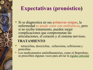 Expectativas (pronóstico )   Si se diagnostica en sus  primeras etapas , la enfermedad  se puede curar con antibióticos , pero si no recibe tratamiento, pueden surgir complicaciones que comprometan las articulaciones, el corazón y el sistema nervioso. TRATAMIENTO tetraciclina, doxiciclina,  cefuroxima, ceftriaxona y penicilina. Los medicamentos antiinflamatorios, como el ibuprofeno, se prescriben algunas veces para aliviar la  rigidez articular 