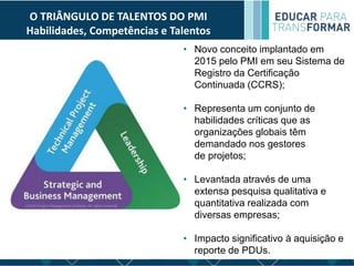 O TRIÂNGULO DE TALENTOS DO PMI
Habilidades, Competências e Talentos
• Novo conceito implantado em
2015 pelo PMI em seu Sistema de
Registro da Certificação
Continuada (CCRS);
• Representa um conjunto de
habilidades críticas que as
organizações globais têm
demandado nos gestores
de projetos;
• Levantada através de uma
extensa pesquisa qualitativa e
quantitativa realizada com
diversas empresas;
• Impacto significativo à aquisição e
reporte de PDUs.
 