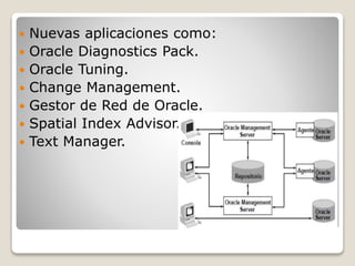  Nuevas aplicaciones como:
 Oracle Diagnostics Pack.
 Oracle Tuning.
 Change Management.
 Gestor de Red de Oracle.
 Spatial Index Advisor.
 Text Manager.
 