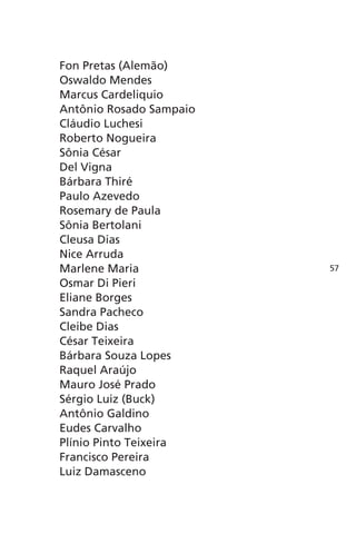 Fon Pretas (Alemão) 
Oswaldo Mendes 
Marcus Cardeliquio 
Antônio Rosado Sampaio 
Cláudio Luchesi 
Roberto Nogueira 
Sônia César 
Del Vigna 
Bárbara Thiré 
Paulo Azevedo 
Rosemary de Paula 
Sônia Bertolani 
Cleusa Dias 
Nice Arruda 
Marlene Maria 
Osmar Di Pieri 
Eliane Borges 
Sandra Pacheco 
Cleibe Dias 
César Teixeira 
Bárbara Souza Lopes 
Raquel Araújo 
Mauro José Prado 
Sérgio Luiz (Buck) 
Antônio Galdino 
Eudes Carvalho 
Plínio Pinto Teixeira 
Francisco Pereira 
Luiz Damasceno 
57 
 