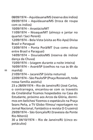 08/09/1974 – Aquidauana/MS (reserva dos índios) 
09/09/1974 – Aquidauana/MS (troca de roupa 
com os índios) 
10/09/1974 – Anastácio/MT 
11/09/1974 – Nioaque/MT (almoço e jantar no 
quartel / Saci Pererê) 
12/09/1974 – Bela Vista (visita ao Rio Apa) Divisa 
Brasil e Paraguai 
13/09/1974 – Ponta Porã/MT (rua como divisa 
entre Brasil e Paraguai) 
14/09/1974 – Dourados/MS (reserva de índios/ 
dança da Chuva) 
15/09/1974 – (viagem durante a noite inteira) 
16/09/1974 – Avaré/SP (coelhos na rua às 6h da 
manhã) 
21/09/1974 – Jacareí/SP (visita noturna) 
22/09/1974 – São Paulo/SP (Praça Roosevelt, toda 
nossa família assistiu) 
23 a 28/09/1974 – Rio de Janeiro/RJ (José Carlos, 
o contrarregra, encantou-se com os travestis 
da Cinelândia/ ficamos hospedados na Casa do 
Estudante, próximo aos Arcos da Glória, dormi-mos 
em beliches/ fizemos o espetáculo na Praça 
Seans Peña, a TV Globo filmou/ reportagem no 
Jornal Nacional, Fantástico e revista O Cruzeiro) 
29/09/1974 – São Gonçalo/RJ (travessia da Ponte 
Rio-Niterói) 
30 a 04/10/1974 – Rio de Janeiro/RJ (cinco es-petáculos) 
66 
 