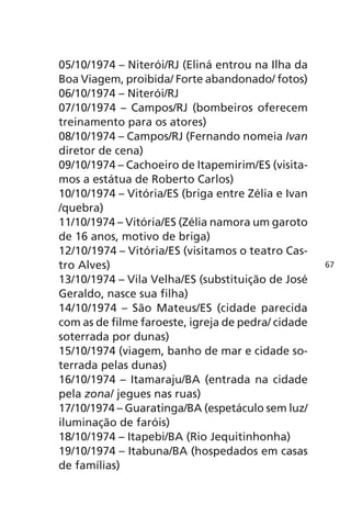 05/10/1974 – Niterói/RJ (Eliná entrou na Ilha da 
Boa Viagem, proibida/ Forte abandonado/ fotos) 
06/10/1974 – Niterói/RJ 
07/10/1974 – Campos/RJ (bombeiros oferecem 
treinamento para os atores) 
08/10/1974 – Campos/RJ (Fernando nomeia Ivan 
diretor de cena) 
09/10/1974 – Cachoeiro de Itapemirim/ES (visita-mos 
a estátua de Roberto Carlos) 
10/10/1974 – Vitória/ES (briga entre Zélia e Ivan 
/quebra) 
11/10/1974 – Vitória/ES (Zélia namora um garoto 
de 16 anos, motivo de briga) 
12/10/1974 – Vitória/ES (visitamos o teatro Cas-tro 
Alves) 
13/10/1974 – Vila Velha/ES (substituição de José 
Geraldo, nasce sua filha) 
14/10/1974 – São Mateus/ES (cidade parecida 
com as de filme faroeste, igreja de pedra/ cidade 
soterrada por dunas) 
15/10/1974 (viagem, banho de mar e cidade so-terrada 
pelas dunas) 
16/10/1974 – Itamaraju/BA (entrada na cidade 
pela zona/ jegues nas ruas) 
17/10/1974 – Guaratinga/BA (espetáculo sem luz/ 
iluminação de faróis) 
18/10/1974 – Itapebi/BA (Rio Jequitinhonha) 
19/10/1974 – Itabuna/BA (hospedados em casas 
de famílias) 
67 
 