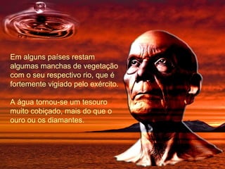 Em alguns países restam algumas manchas de vegetação com o seu respectivo rio, que é fortemente vigiado pelo exército. A água tornou-se um tesouro muito cobiçado, mais do que o ouro ou os diamantes. 