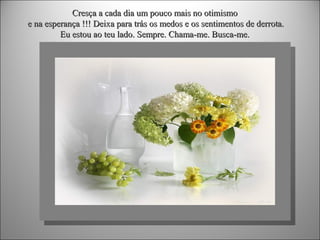 Cresça a cada dia um pouco mais no otimismo
e na esperança !!! Deixa para trás os medos e os sentimentos de derrota.
Eu estou ao teu lado. Sempre. Chama-me. Busca-me.

 