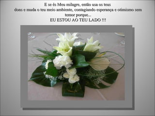 E se és Meu milagre, então usa os teus
dons e muda o teu meio ambiente, contagiando esperança e otimismo sem
temor porque...
EU ESTOU AO TEU LADO !!!

 