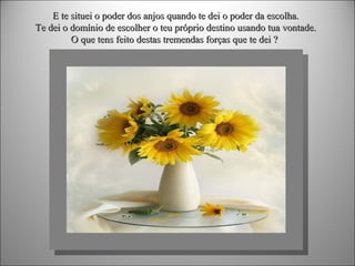 E te situei o poder dos anjos quando te dei o poder da escolha.
Te dei o domínio de escolher o teu próprio destino usando tua vontade.
O que tens feito destas tremendas forças que te dei ?

 