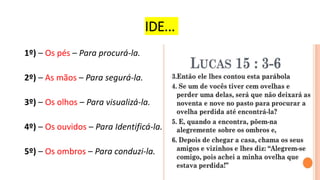 IDE...
1º) – Os pés – Para procurá-la.
2º) – As mãos – Para segurá-la.
3º) – Os olhos – Para visualizá-la.
4º) – Os ouvidos – Para Identificá-la.
5º) – Os ombros – Para conduzi-la.
 