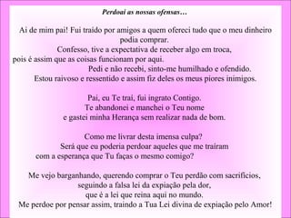 Perdoai as nossas ofensas…
Ai de mim pai! Fui traído por amigos a quem ofereci tudo que o meu dinheiro 
podia comprar. 
Confesso, tive a expectativa de receber algo em troca, 
pois é assim que as coisas funcionam por aqui.                                                         
                         Pedi e não recebi, sinto-me humilhado e ofendido. 
Estou raivoso e ressentido e assim fiz deles os meus piores inimigos.
 
Pai, eu Te traí, fui ingrato Contigo. 
Te abandonei e manchei o Teu nome 
e gastei minha Herança sem realizar nada de bom. 
Como me livrar desta imensa culpa?  
Será que eu poderia perdoar aqueles que me traíram 
com a esperança que Tu faças o mesmo comigo?                              
Me vejo barganhando, querendo comprar o Teu perdão com sacrifícios, 
seguindo a falsa lei da expiação pela dor, 
que é a lei que reina aqui no mundo. 
Me perdoe por pensar assim, traindo a Tua Lei divina de expiação pelo Amor!
 