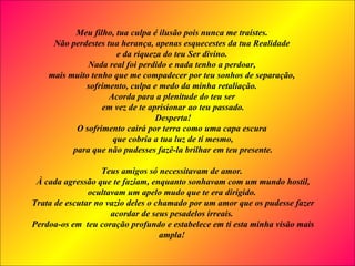Meu filho, tua culpa é ilusão pois nunca me traístes.
Não perdestes tua herança, apenas esquecestes da tua Realidade
e da riqueza do teu Ser divino.
Nada real foi perdido e nada tenho a perdoar,
mais muito tenho que me compadecer por teu sonhos de separação,
sofrimento, culpa e medo da minha retaliação.
Acorda para a plenitude do teu ser
em vez de te aprisionar ao teu passado.
Desperta!
O sofrimento cairá por terra como uma capa escura
que cobria a tua luz de ti mesmo,
para que não pudesses fazê-la brilhar em teu presente.
Teus amigos só necessitavam de amor.
À cada agressão que te faziam, enquanto sonhavam com um mundo hostil,
ocultavam um apelo mudo que te era dirigido.
Trata de escutar no vazio deles o chamado por um amor que os pudesse fazer
acordar de seus pesadelos irreais.
Perdoa-os em teu coração profundo e estabelece em ti esta minha visão mais
ampla!
 