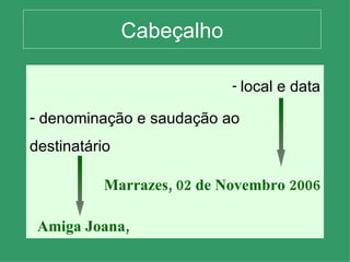Cabeçalho local e data denominação e saudação ao destinatário Marrazes, 02 de Novembro 2006 Amiga Joana, 