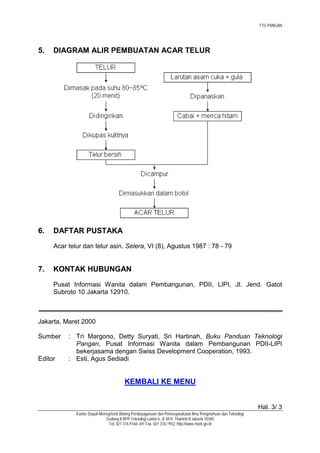 TTG PANGAN




5.   DIAGRAM ALIR PEMBUATAN ACAR TELUR




6.   DAFTAR PUSTAKA
     Acar telur dan telur asin. Selera, VI (8), Agustus 1987 : 78 - 79


7.   KONTAK HUBUNGAN
     Pusat Informasi Wanita dalam Pembangunan, PDII, LIPI, Jl. Jend. Gatot
     Subroto 10 Jakarta 12910.



Jakarta, Maret 2000

Sumber    : Tri Margono, Detty Suryati, Sri Hartinah, Buku Panduan Teknologi
            Pangan, Pusat Informasi Wanita dalam Pembangunan PDII-LIPI
            bekerjasama dengan Swiss Development Cooperation, 1993.
Editor    : Esti, Agus Sediadi


                                        KEMBALI KE MENU


                                                                                                                Hal. 3/ 3
             Kantor Deputi Menegristek Bidang Pendayagunaan dan Pemasyarakatan Ilmu Pengetahuan dan Teknologi
                              Gedung II BPP Teknologi Lantai 6, Jl. M.H. Thamrin 8 Jakarta 10340
                                Tel. 021 316 9166~69, Fax. 021 316 1952, http://www.ristek.go.id
 