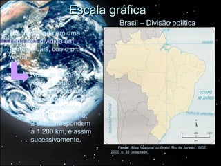 Escala gráfica
                                                 Brasil – Divisão política




                            Mário Yoshida
É apresentada em uma
linha reta dividida em
partes iguais, como uma
régua.

      Nela, as distâncias
      reais já estão
      indicadas. No mapa,
      cada espaço de 1
      cm corresponde a
      600 km de terreno;
      2 cm correspondem
      a 1.200 km, e assim
      sucessivamente.
                                                Fonte: Atlas Nacional do Brasil. Rio de Janeiro: IBGE,
                                            2000. p. 33 (adaptado).
 