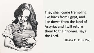 They shall come trembling
like birds from Egypt, and
like doves from the land of
Assyria; and I will return
them to their homes, says
the Lord.
Hosea 11:11 (NRSV)